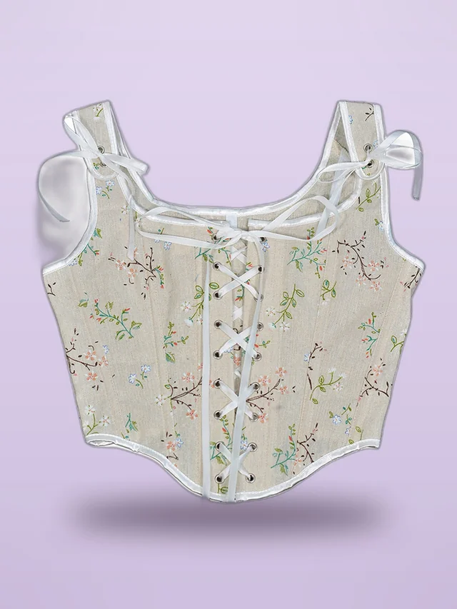 French Small Floral Strap Fishbone Corset Short Vest Beige - Shop at LoveMi