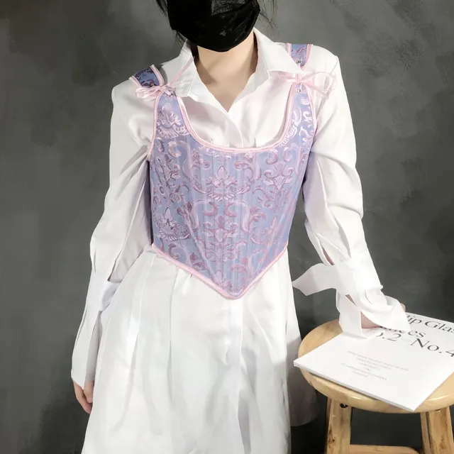 Women's New Jacquard Tie Back Corset Corset Blue Pink - Shop at LoveMi