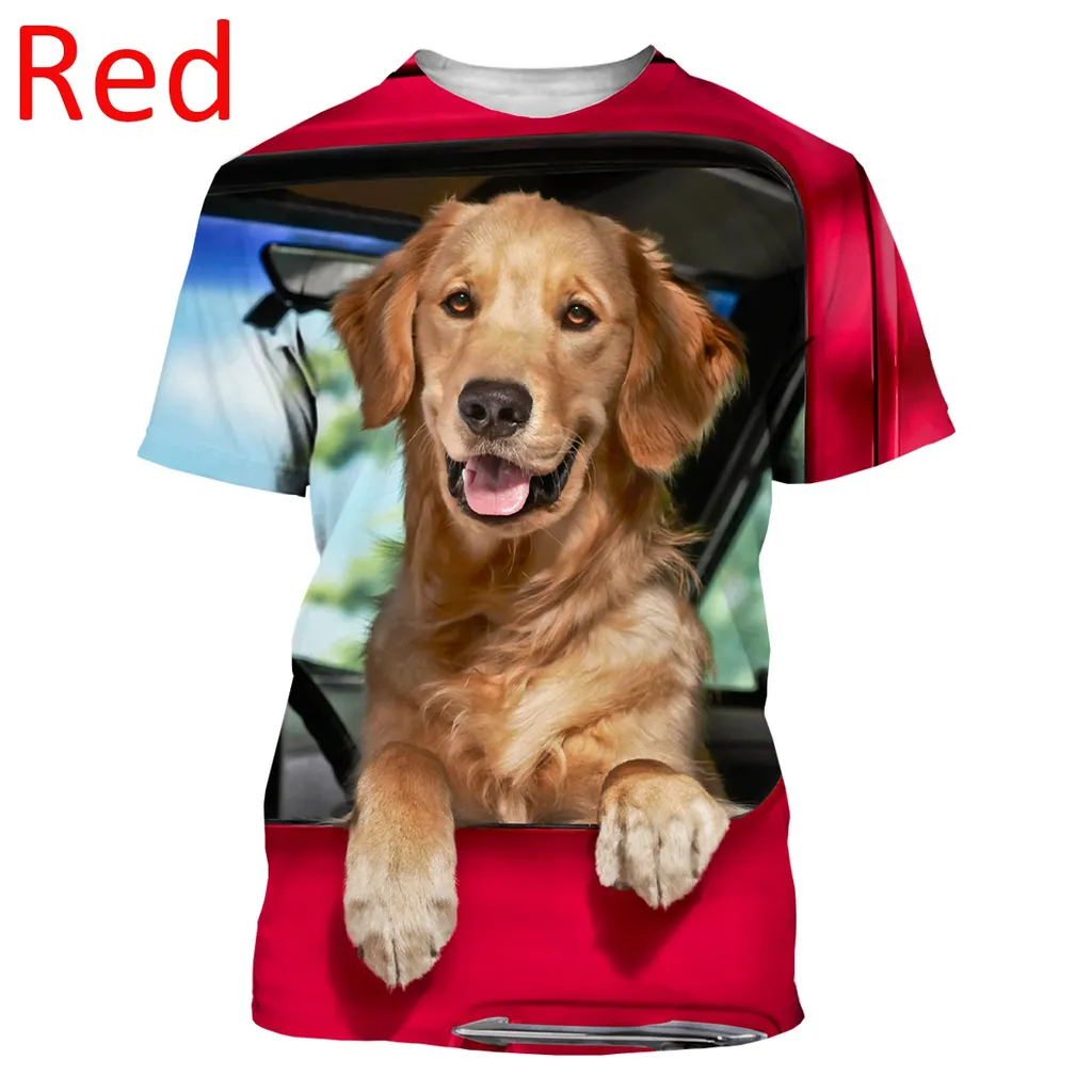 Summer Men's And Women's Casual Fashion Cute Golden Retriever 3D Printing T-shirt - Red