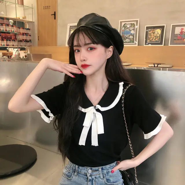 Versatile Sweet And Gentle Short Sleeve T Shirt Black - Shop at LoveMi