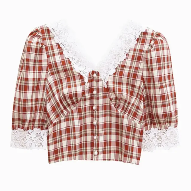 Vintage Red Plaid Shirt Women's Puff Sleeve Cropped Top Red - Shop at LoveMi