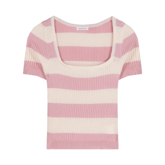 Women's Summer Ice Silk Striped Short Sleeve Knitted Sweater Pink - Shop at LoveMi