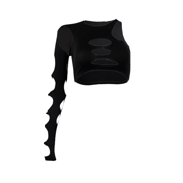 BR22Y114 European And American Women's Clothing Independent Station Summer Sexy One Shoulder Hollow Long Sleeve Cropped T shirt Black - Shop at LoveMi
