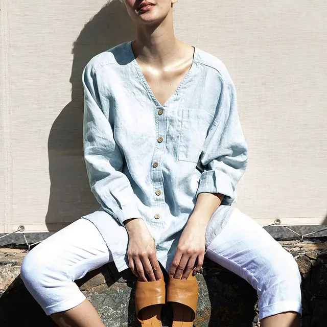 DressRetro Solid Color V Neck Casual Niche Cotton And Linen Long Sleeved Top Light Blue - Shop at LoveMi