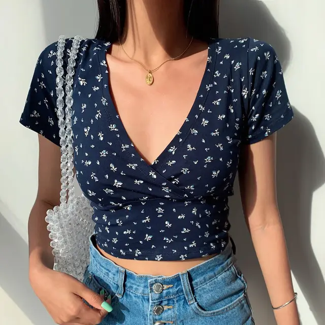 Women's New Floral Short Cropped Navel Like Temperament Top 2Dark Blue - Shop at LoveMi