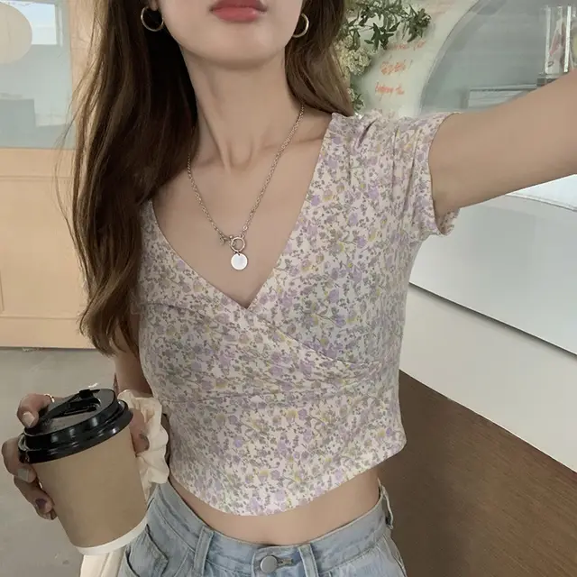 Women's New Floral Short Cropped Navel Like Temperament Top 5Light Purple - Shop at LoveMi