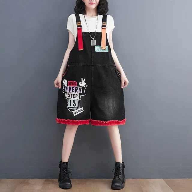 Large Size New Fashion Embroidered Denim Overalls Shorts Women Black - Shop at LoveMi