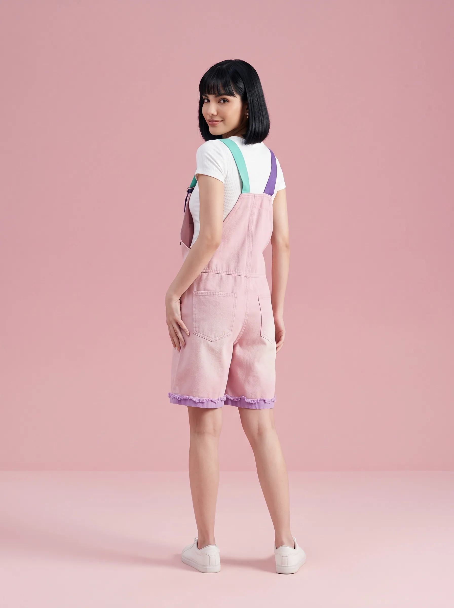 Pink Denim Overall Shorts with Graffiti Patch Print - Pink - View 2