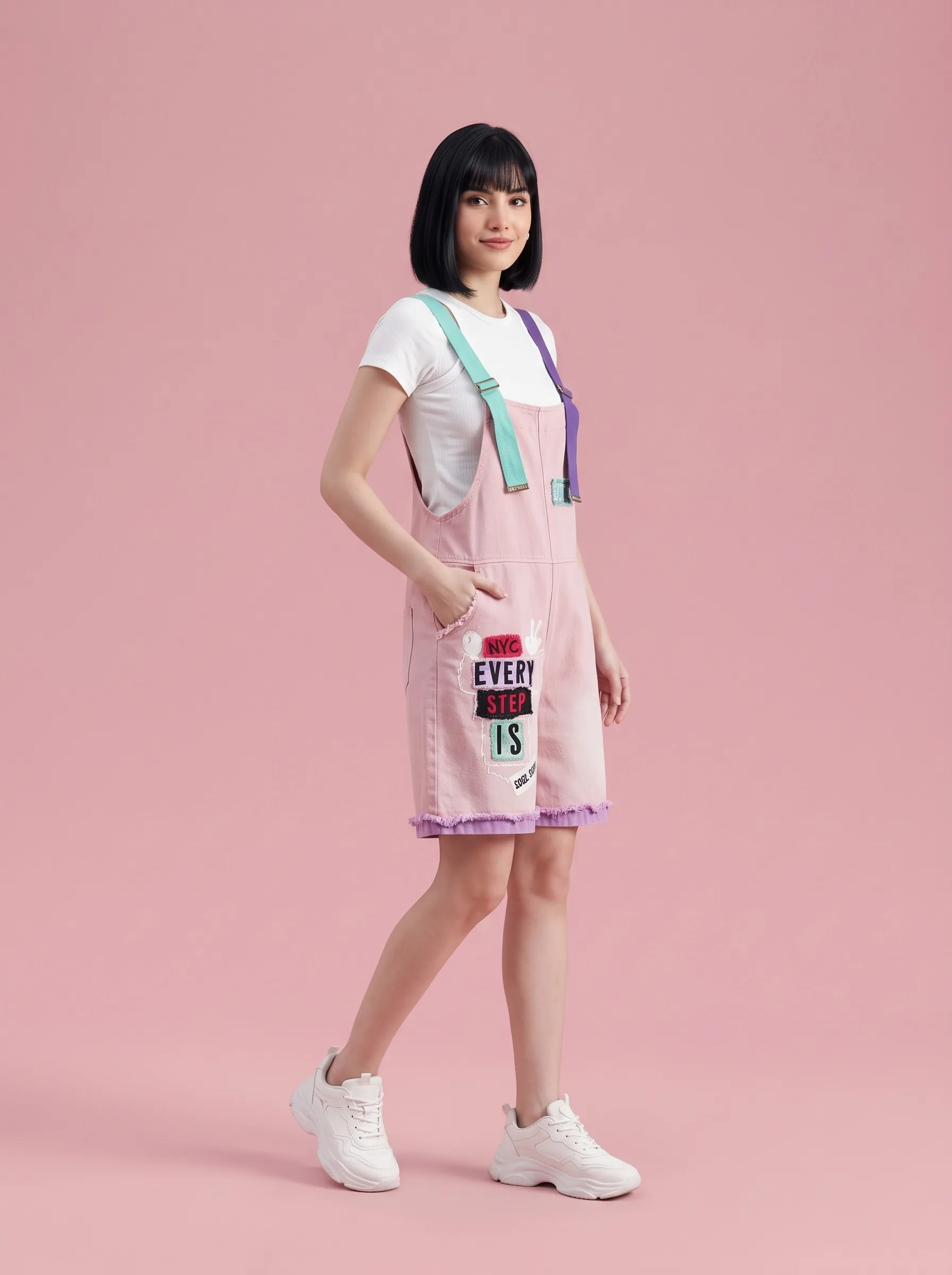 Pink Denim Overall Shorts with Graffiti Patch Print - Pink - View 3