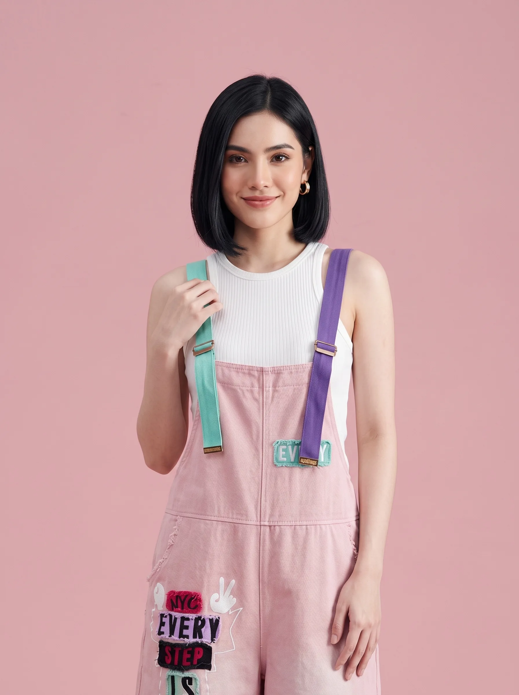 Pink Denim Overall Shorts with Graffiti Patch Print - Pink - View 4