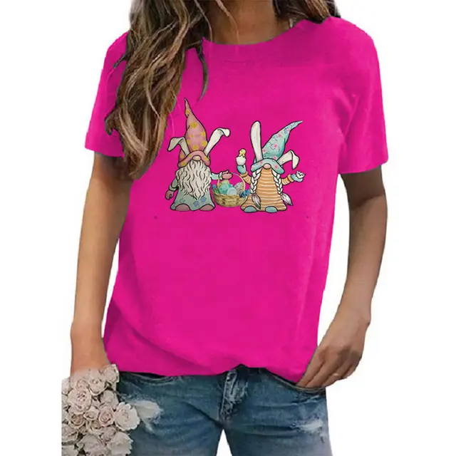 Women's Round Neck Printed Short sleeved T shirt European And American Rose Red - Shop at LoveMi