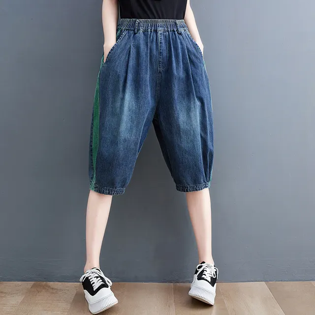 Large Size Women's Korean Style New Denim Stitching Washed Casual Cropped Pants Green - Shop at LoveMi