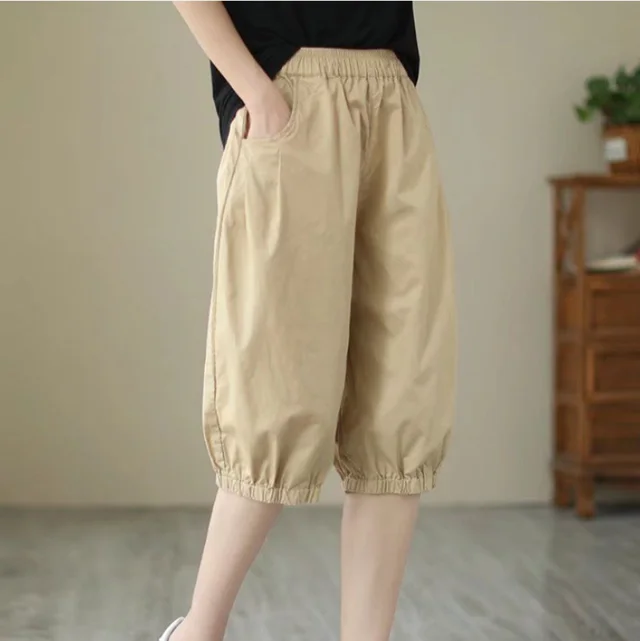 Women's Candy Color Cotton Casual Cropped Pants Khaki - Shop at LoveMi