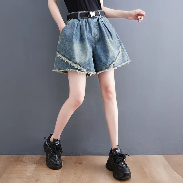 Women's New Korean Style Denim Stitching Washed Shorts Blue - Shop at LoveMi