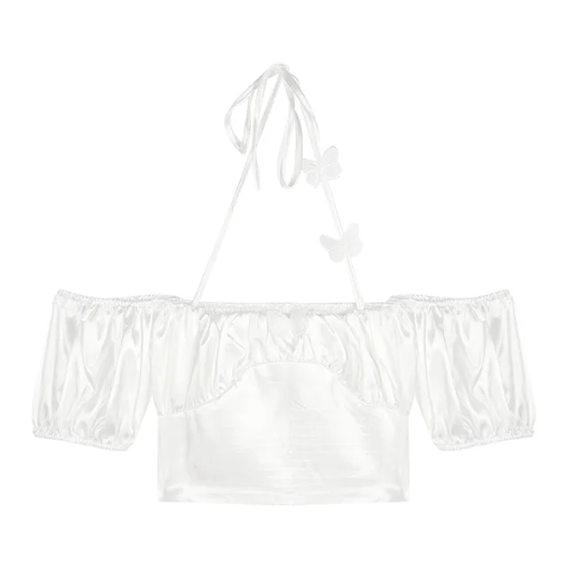 Women's French One Shoulder Cross Halter Neck Short Sleeve Shirt White - Shop at LoveMi