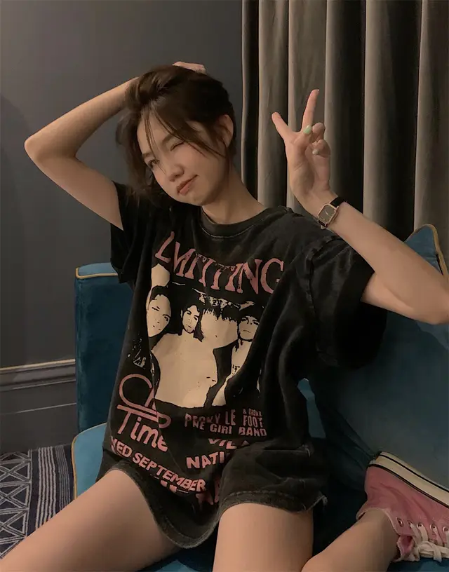 American Retro Black Front Shoulder Short Sleeve T Shirt Black - Shop at LoveMi