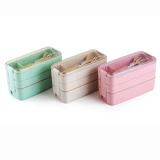 Square Double Three layer Wheat Straw Fiber Plastic Lunch Box Green - Shop at LoveMi