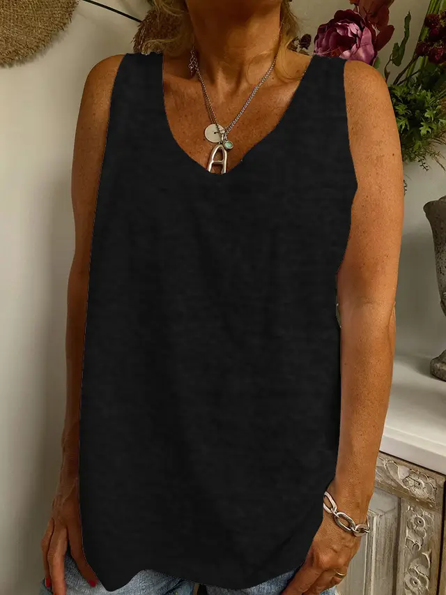 Women's Solid Color Collar Casual Loose Tank Top Black - Shop at LoveMi