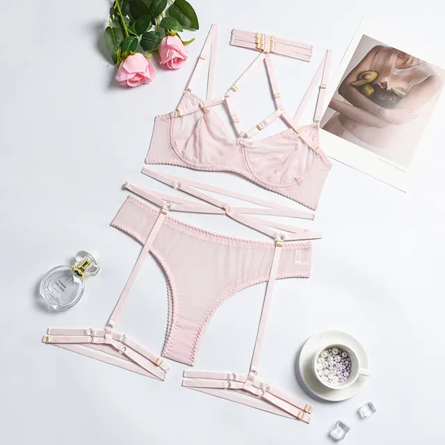Mesh Stitching Complex Heavy Process Halter Cross Body Sculpting Underwear Set Pink - Shop at LoveMi