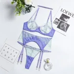 Fashion Mesh Perspective Stitching Contrast Color Lace Underwear Four Piece Set - Purple