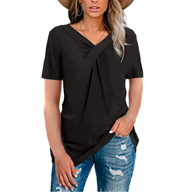 Women's V Neck Short Sleeved Neckline Kink Casual T Shirt Black - Shop at LoveMi
