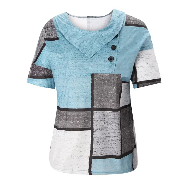 Shirt Cross Neck Button Fashion Print Short Sleeve T Shirt Blue - Shop at LoveMi
