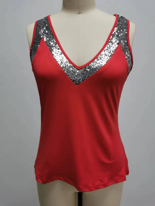Solid Sequin Sleeveless Tank Top T Shirt Red - Shop at LoveMi