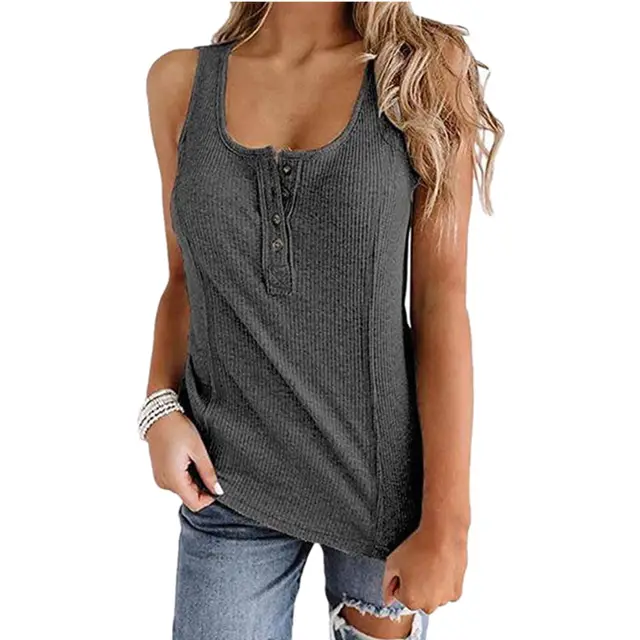 Solid Color Button Sleeveless Tank Top T Shirt Women Grey - Shop at LoveMi