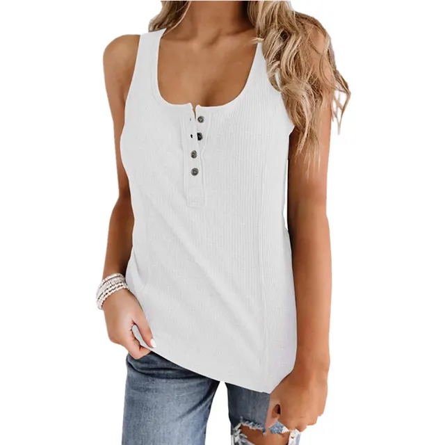 Solid Color Button Sleeveless Tank Top T Shirt Women White - Shop at LoveMi
