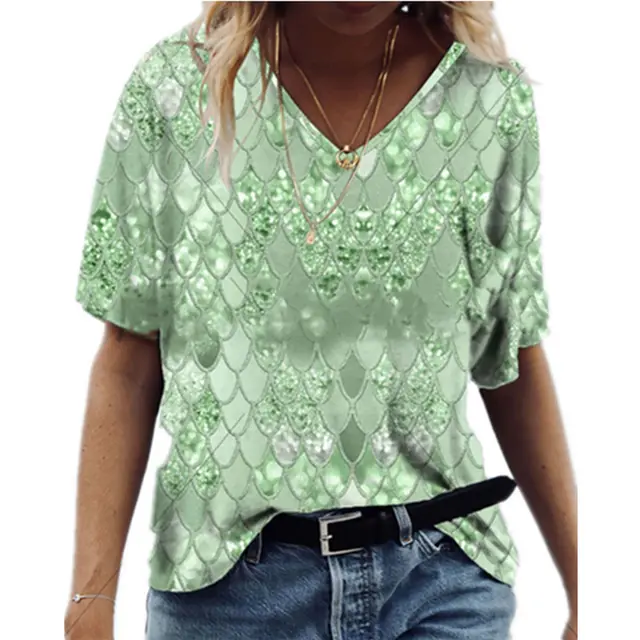3D Printed Loose V Neck Short Sleeve T Shirt Top Green - Shop at LoveMi
