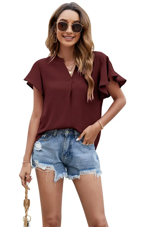 Women's Chiffon Shirt V Neck Flying Sleeves Shortsleeved Solid Color Top Wine Red - Shop at LoveMi