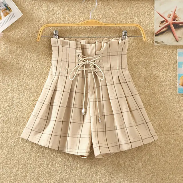 Strap Elastic Waist Casual Shorts Large Size Loose High Waist Beige Plaid - Shop at LoveMi