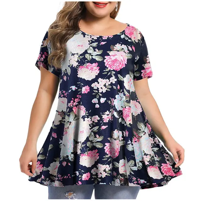Women's New Fashion Round Neck Printing Large Size Short Sleeves Pattern2 - Shop at LoveMi