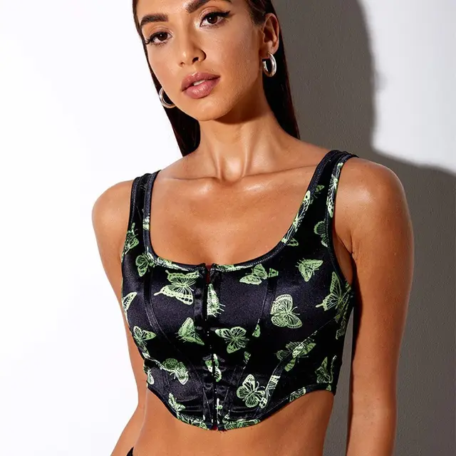 New Sexy Versatile Front Breasted Corset Print Cropped Tank Top Black Butterfly - Shop at LoveMi