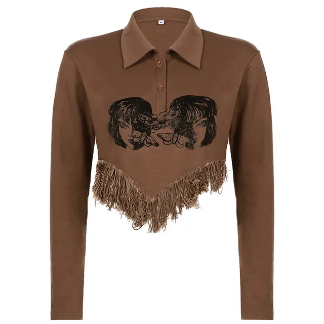 European And American Style Personality Head Pattern Tassel Sweater Khaki - Shop at LoveMi