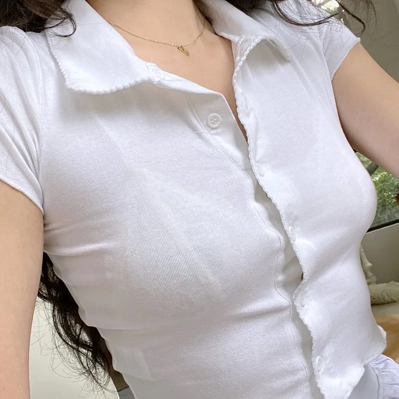 Simple Slim Polo Collar Knitted T shirt Women White Inner - Shop at LoveMi