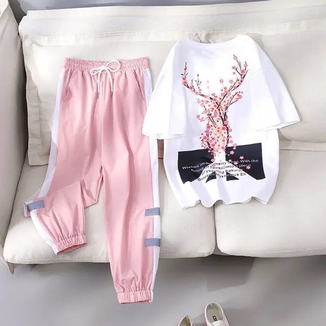 Fashion Casual Exercise Suit Women's Short sleeved Summer Korean Style Loose Slimming Student Pants Two piece Suit Fashion White Suit - Shop at LoveMi