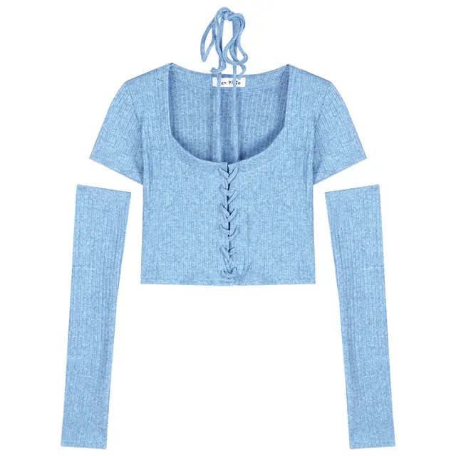 Blue Drawstring Halter Knit Short Sleeve T Shirt Blue - Shop at LoveMi