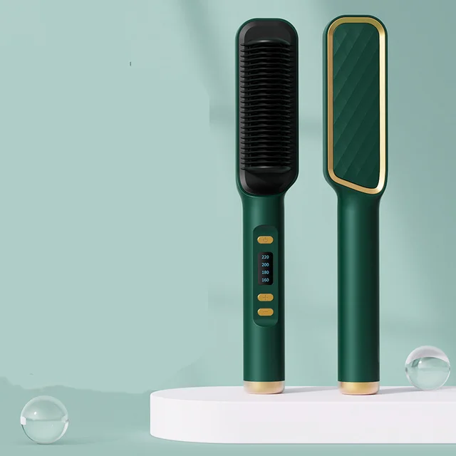 Multifunctional Anti scald Negative Ion Straight Curling Comb Army Green - Shop at LoveMi