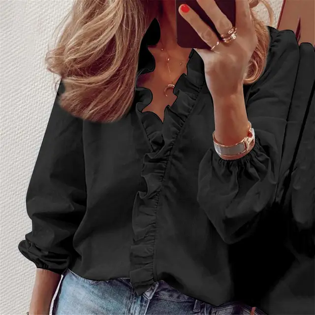 Ruffle Blouse Office Commuting Long sleeved Pullover Shirt Women's Fashion Casual Daily Tops Clothing Black - Shop at LoveMi