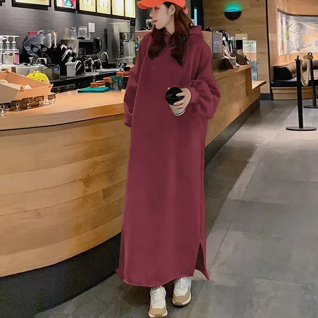 Fleece Extra Long Loose Over Knee Sweater Dress Long Skirt Wine Red - Shop at LoveMi