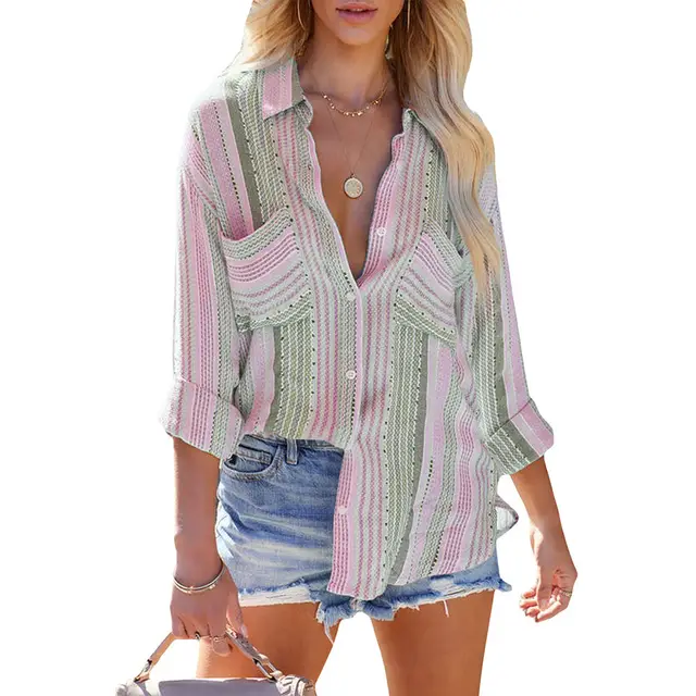 Striped Long Sleeve Top Women Lapel Single Breasted Contrast Color Shirt Pink - Shop at LoveMi