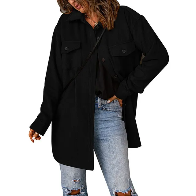 Women's Corduroy Solid Color Single Breasted Casual Lapel Woolen Jacket Black - Shop at LoveMi
