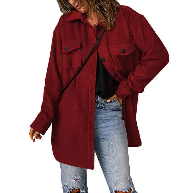 Women's Corduroy Solid Color Single Breasted Casual Lapel Woolen Jacket Wine Red - Shop at LoveMi