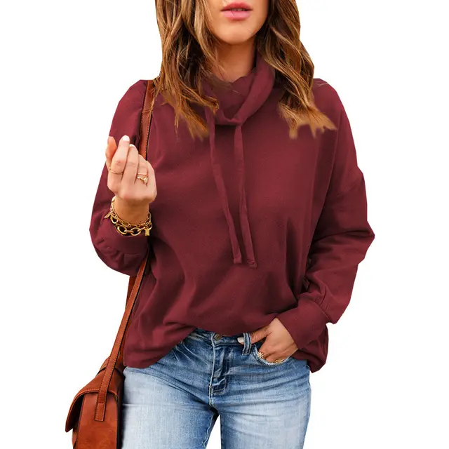 Women's Turtleneck Drawstring Sweatshirt Long Sleeve Top Red - Shop at LoveMi