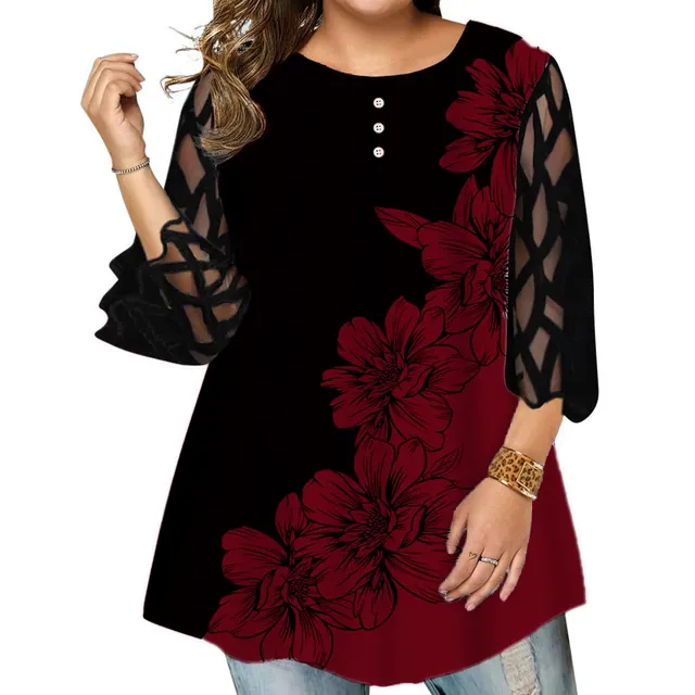 Women's New Lace Sleeve Floral Loose Casual T Shirt Red - Shop at LoveMi