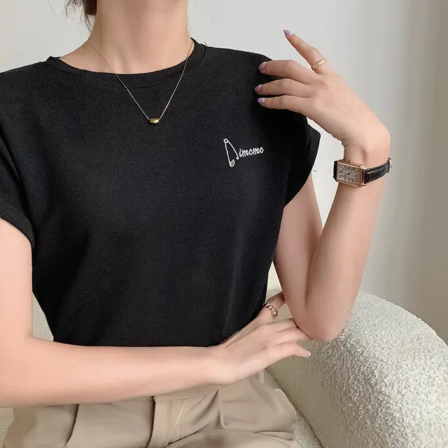 Super Stylish European Short sleeved Embroidered T shirt Women's Summer Black - Shop at LoveMi
