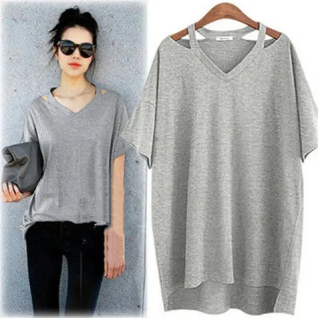 Women's Belly Cover V Neck Plus Size Fashion Loose T shirt Grey - Shop at LoveMi