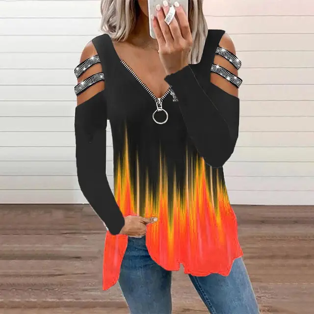 Women's V Neck Zip Pullover Printed Short Sleeve T Shirt Orange Short Sleeve - Shop at LoveMi