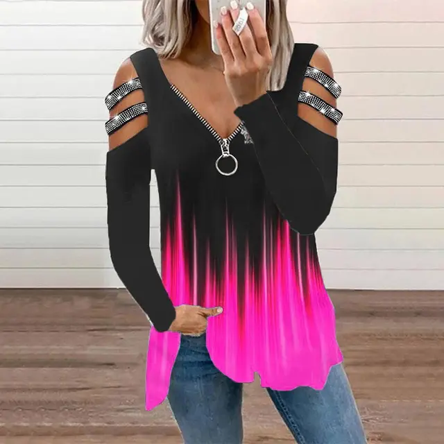 Women's V Neck Zip Pullover Printed Short Sleeve T Shirt Rose Red With Short Sleeves - Shop at LoveMi